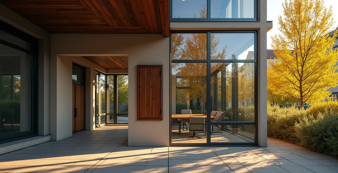 Querschnitt zeigt dicke Altbauwände mit kühleren Innenräumen im Vergleich zu modernem Glasbau mit Hitzestau