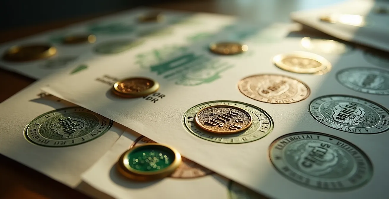 Makroaufnahme von offiziellen Forstzertifikaten mit sichtbaren Qualitätssiegeln und Prüfstempeln