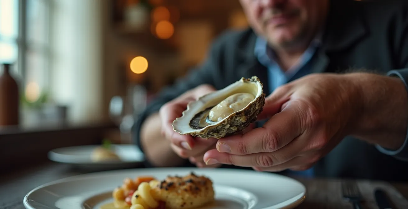 Nahaufnahme einer geöffneten Sylter Royal Auster, die von einer erfahrenen Hand gehalten wird, die Qualität prüfend