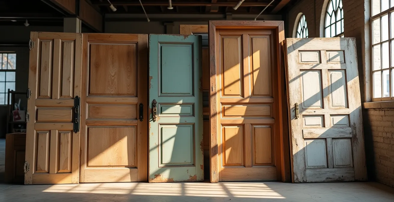 Organisiertes Lager einer Bauteilbörse mit sortierten historischen Türen und Fenstern
