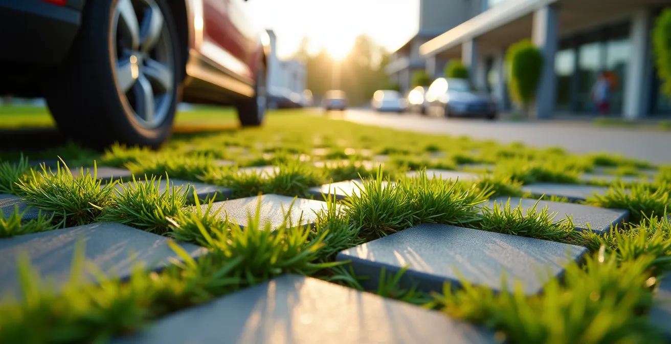 Parkplatz mit Rasengittersteinen, überdacht von begrünten Pergolen mit Kletterpflanzen