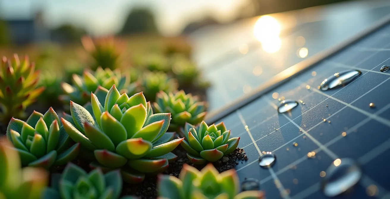 Nahaufnahme eines Biosolar-Dachs auf einem deutschen Rathaus, das die Synergie von Photovoltaik-Modulen und üppiger Dachbegrünung zeigt.