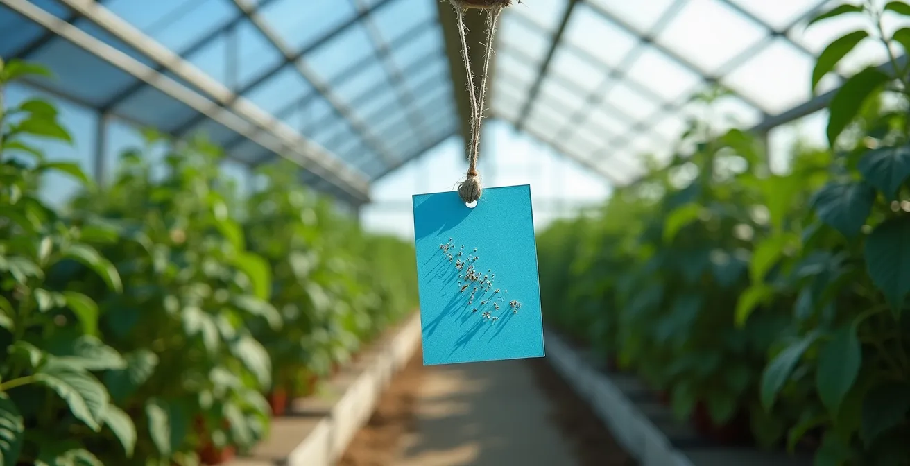 Blautafeln zum Monitoring von Thripsen in einem deutschen Gewächshaus