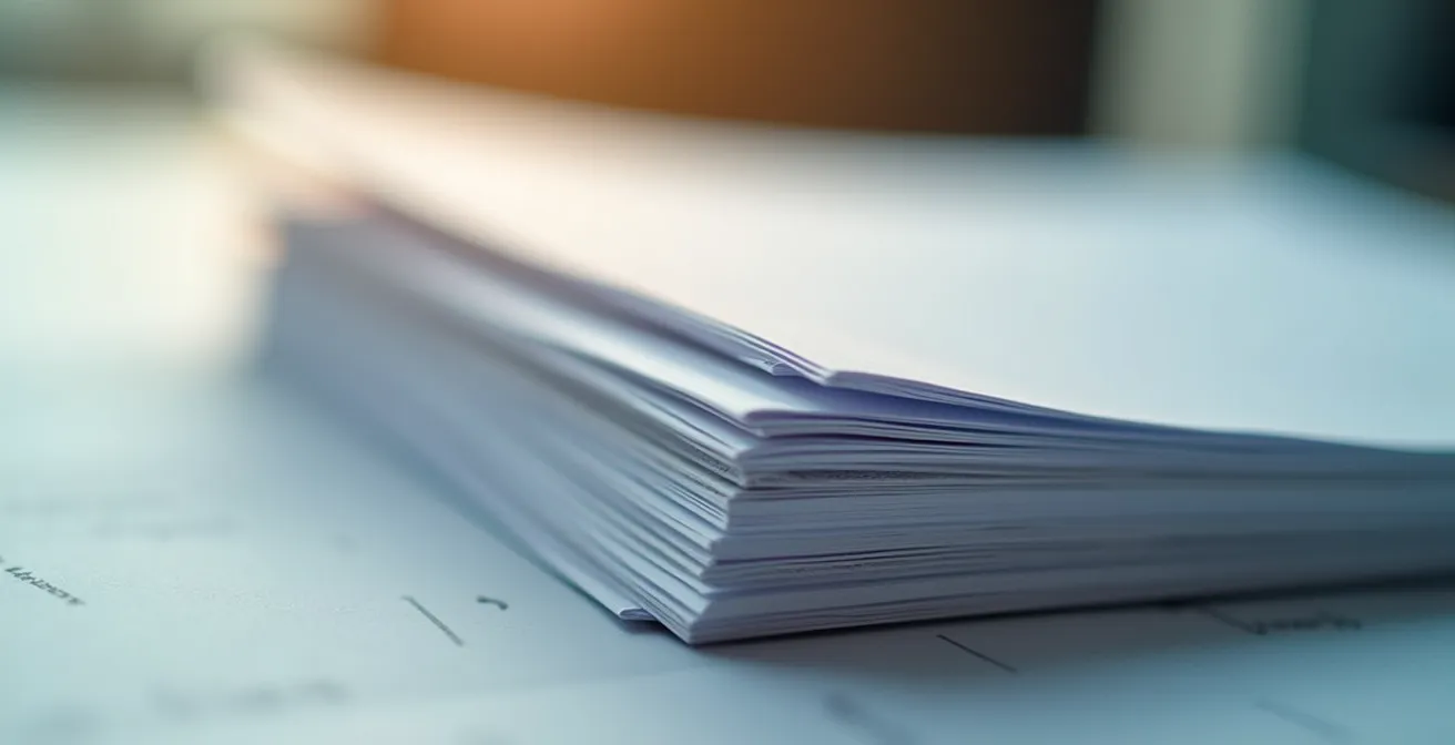 Makroaufnahme von Geschäftsdokumenten mit Fokus auf Textur und Schatten