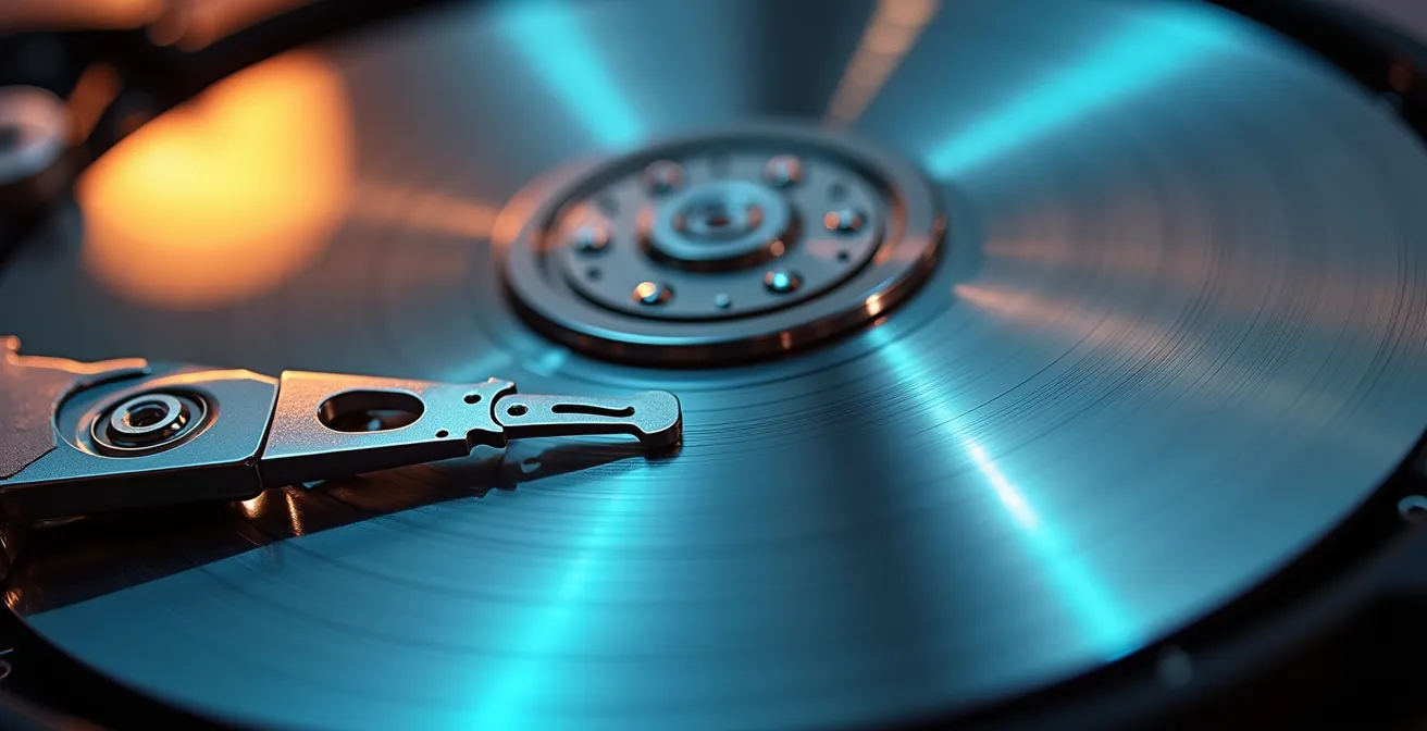 Makroaufnahme einer Festplatte mit Fokus auf sichere Datenlöschung
