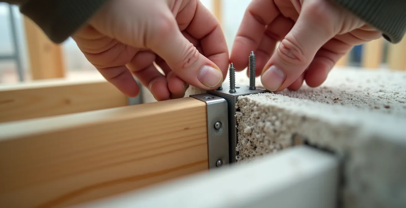 Nahaufnahme von demontierbaren Schraubverbindungen im modernen Trockenbau, die das Prinzip Schrauben statt Kleben verdeutlicht.