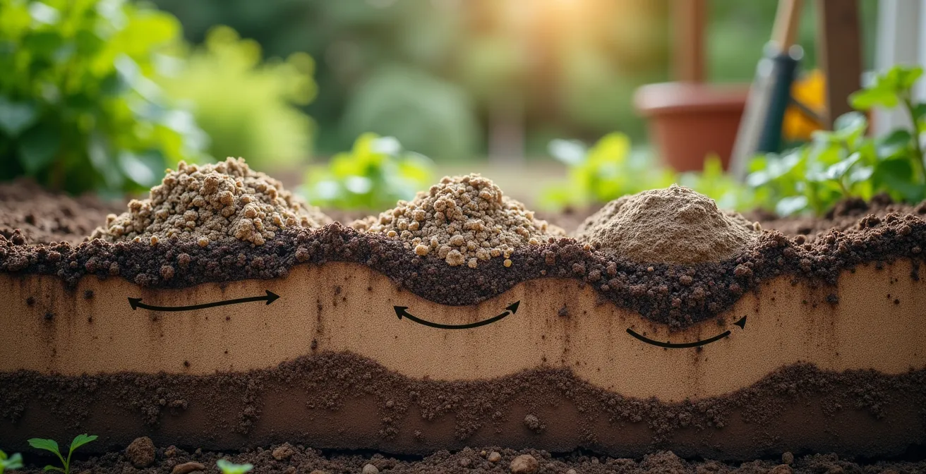 Bentonit-Depots in verschiedenen Bodenschichten im Wurzelbereich angelegt