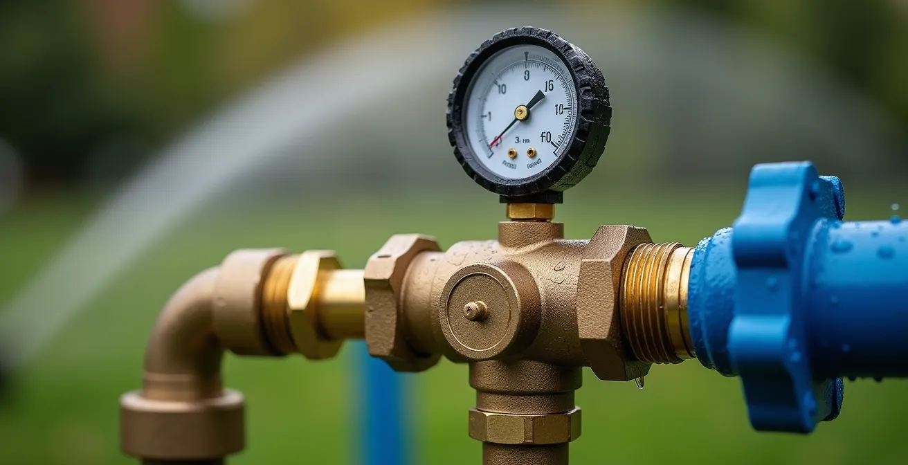 Nahaufnahme eines Druckminderers am Hauswasserwerk mit Manometer