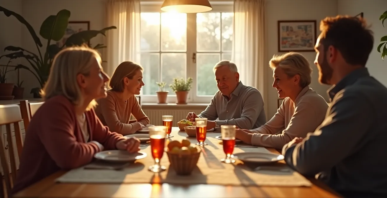 Mehrgenerationenfamilie am Esstisch in entspannter Atmosphäre