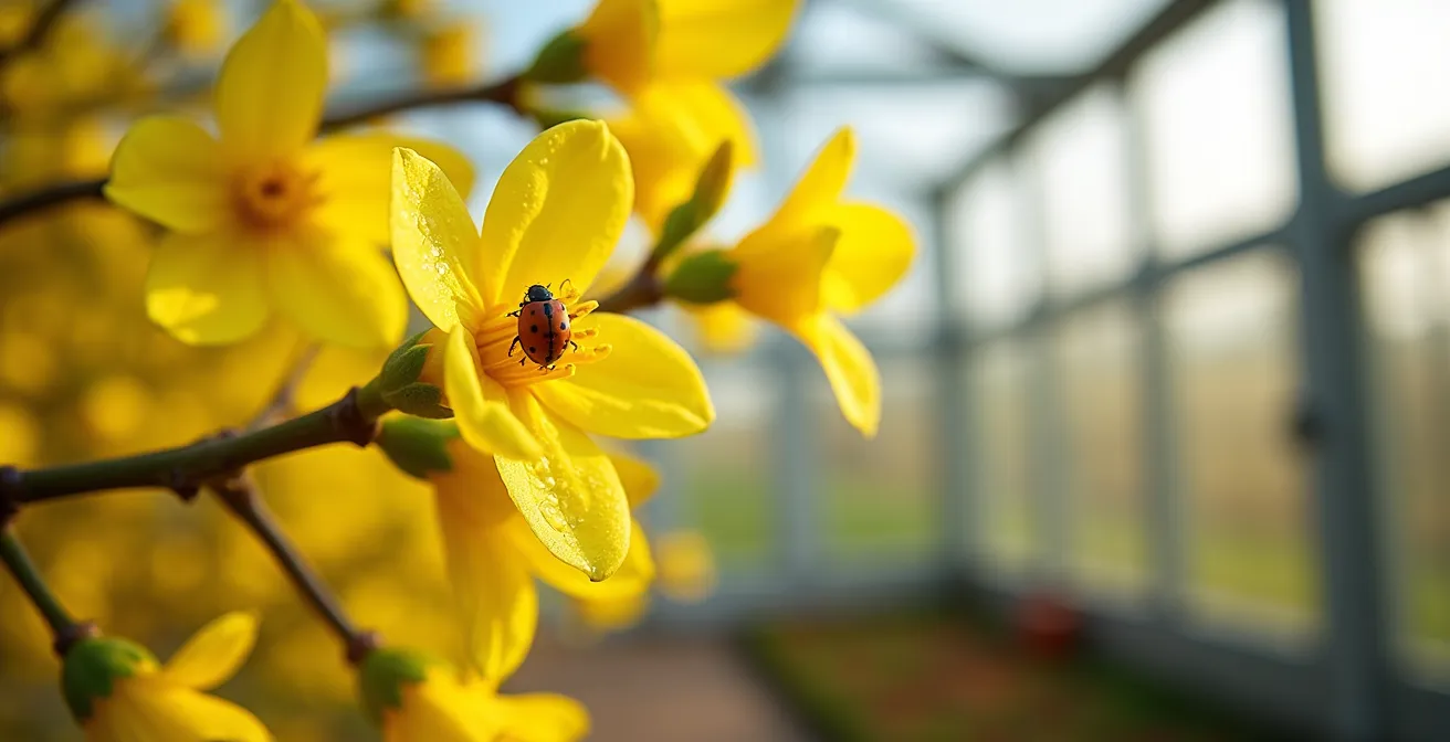 Blühende Forsythie als natürlicher Zeitanzeiger für die Nützlingsbestellung