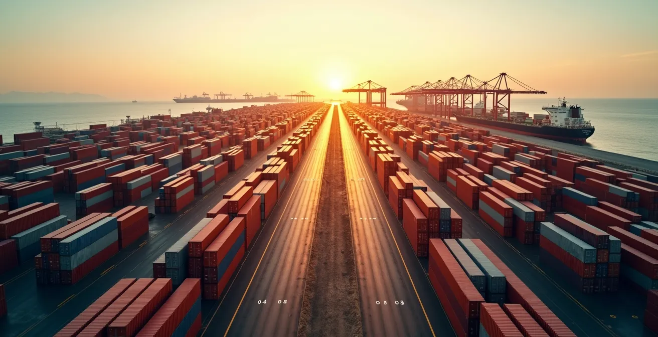 Luftaufnahme eines Containerhafens mit vernetzten Handelsrouten