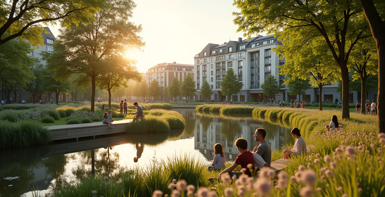 Zukunftsvision eines deutschen Stadtquartiers mit Wasserflächen, Gründächern und Parkanlagen zwischen modernen Wohngebäuden