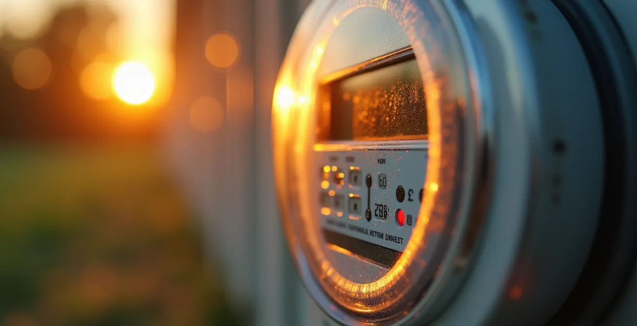 Makroaufnahme eines digitalen Stromzählers mit Sonnenlichtreflexion