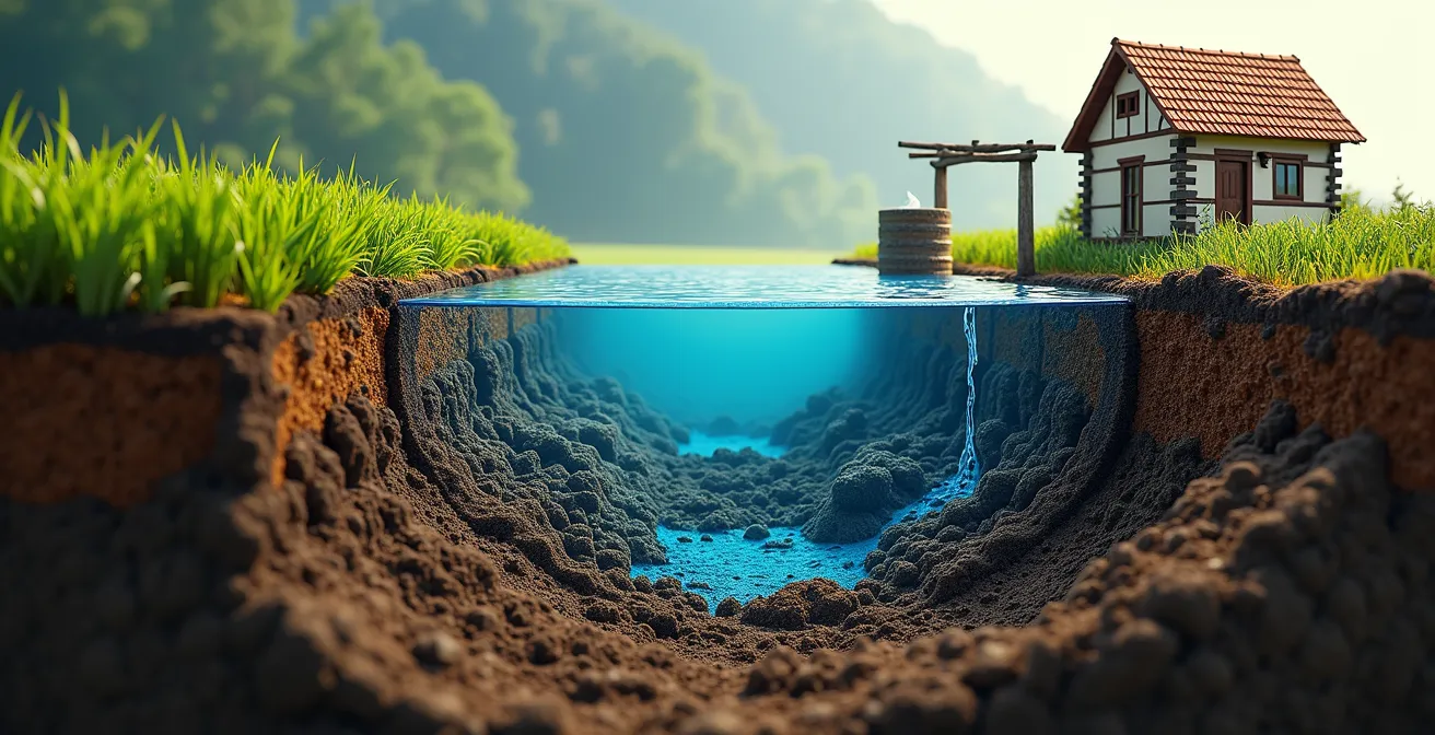 Querschnitt durch Boden zeigt Grundwasserfließrichtung zwischen Acker und Brunnen