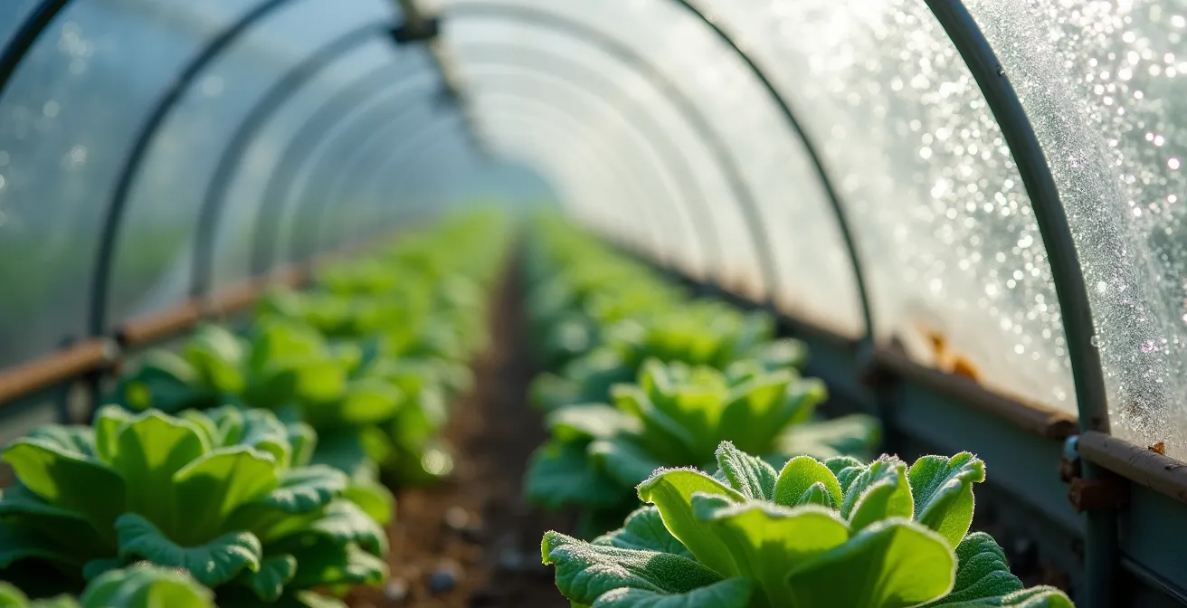 Nahaufnahme von Hagelkörnern auf geschütztem Gemüse unter einem Folientunnel
