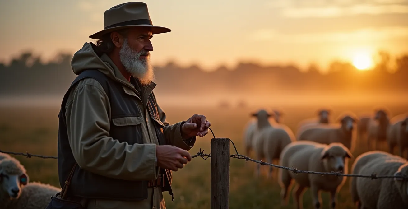 Ein Schäfer kontrolliert in der Dämmerung einen wolfssicheren Elektrozaun um seine Herde.