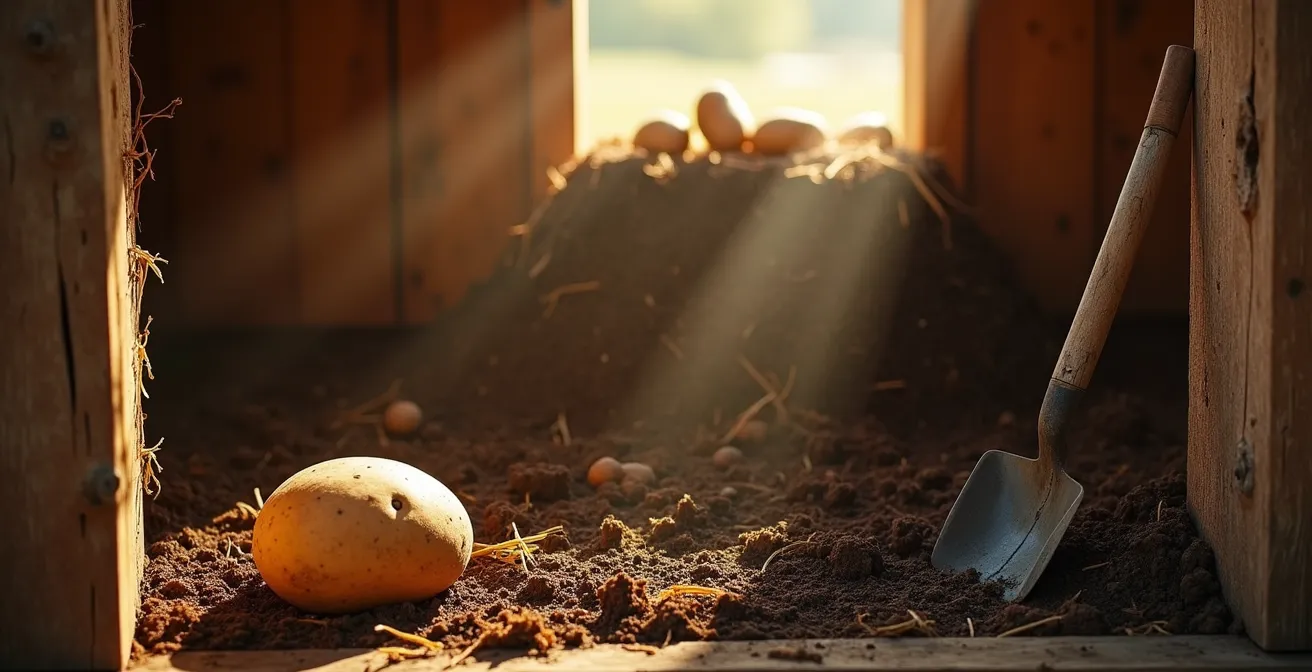 Querschnitt einer traditionellen Kartoffelmiete mit Stroh und Erdschichten