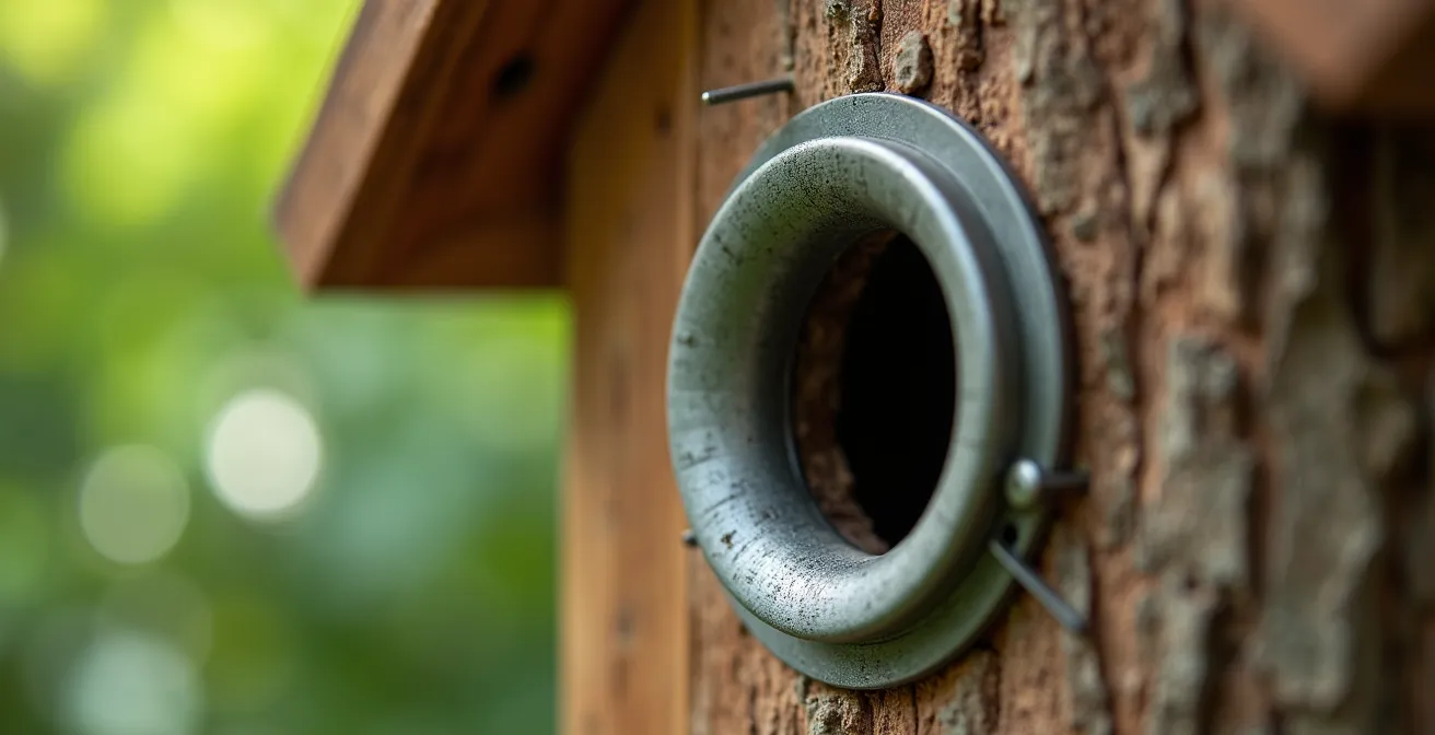 Nistkasten mit Marderschutzvorrichtung und Katzenabwehrgürtel am Baum montiert