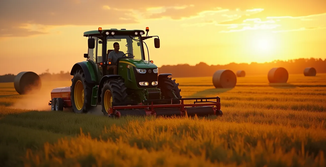 Landwirtschaftliche Maschine presst Kleegras zu Rundballen auf einem deutschen Acker bei Sonnenuntergang