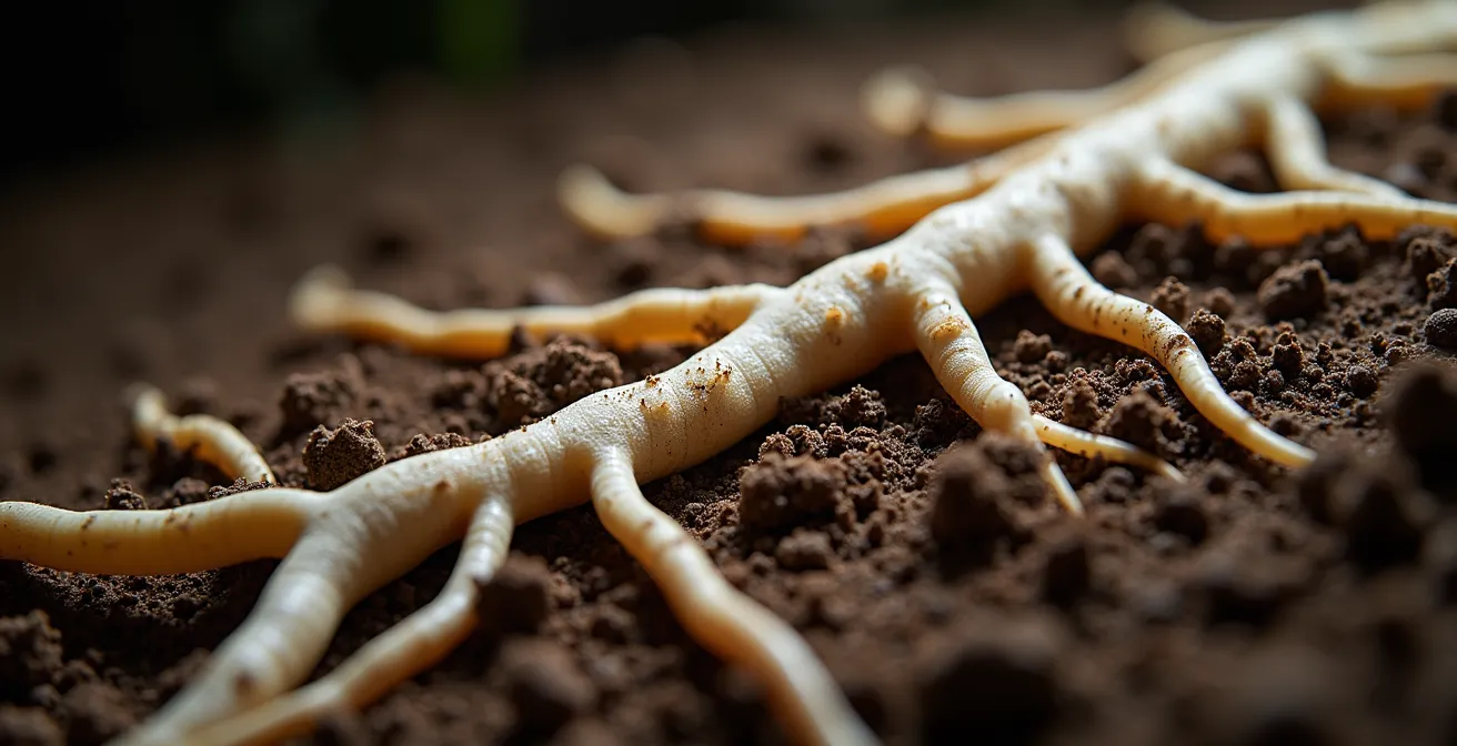 Querschnitt durch Erdreich zeigt tiefreichende Rhizome des Japanknöterichs
