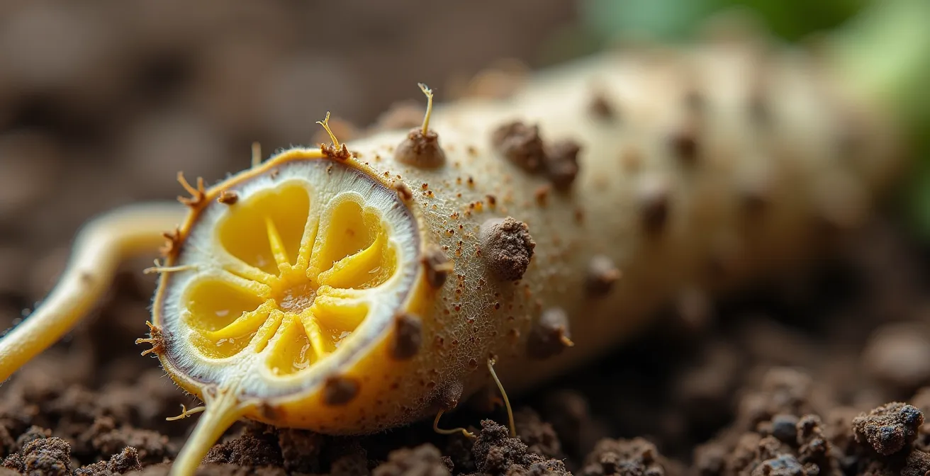 Makroaufnahme von Kohlhernie-Gallen an Rapswurzeln, die die charakteristischen knollenartigen Wucherungen zeigen