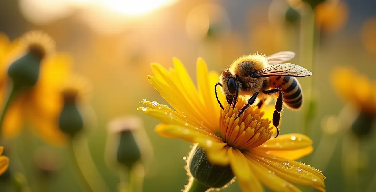 Nahaufnahme einer Wildblumenwiese mit Biene, ein Symbol für die ökologische Aufwertung kommunaler Flächen.