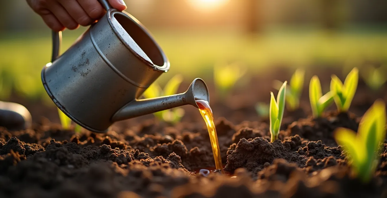 Gießkanne verteilt Komposttee auf erwachendem Gartenboden im Frühjahr
