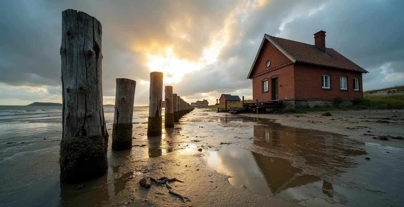 Verlassenes Küstendorf mit erhöhten Wasserständen und verfallenden Gebäuden