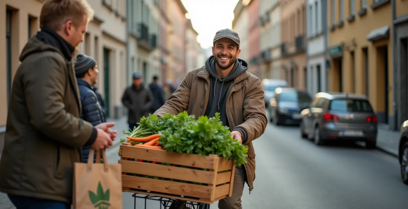 Lastenfahrrad mit Gemüsekisten bei der Verteilung in einem deutschen Stadtviertel