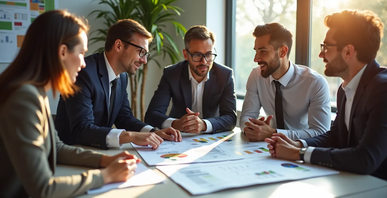 Architekten und Finanzberater diskutieren die Kostenkalkulation für ein nachhaltiges Bauprojekt über Plänen und Materialmustern.