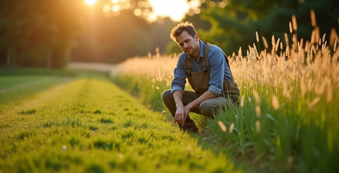 Kommunaler Mitarbeiter begutachtet eine differenzierte Mähzone, wo kurz gemähter Rasen in eine blühende Wildblumenwiese übergeht.
