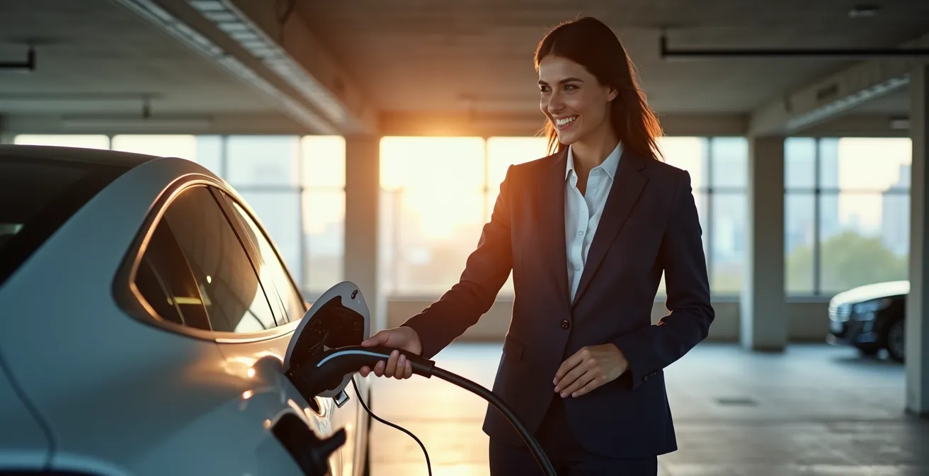 Geschäftsmann lädt seinen elektrischen Dienstwagen an einer Firmen-Wallbox