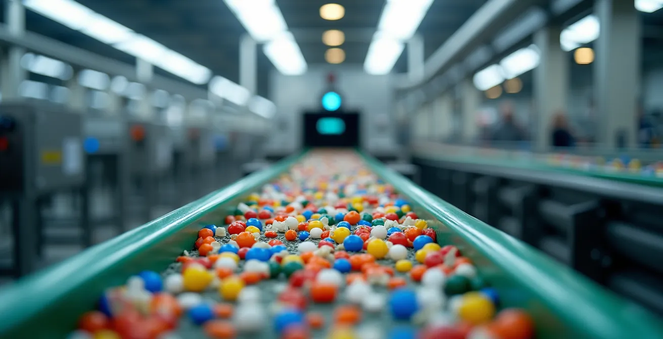 Sortieranlage mit NIR-Scanner und verschiedenfarbigen Kunststoffteilen auf Förderband