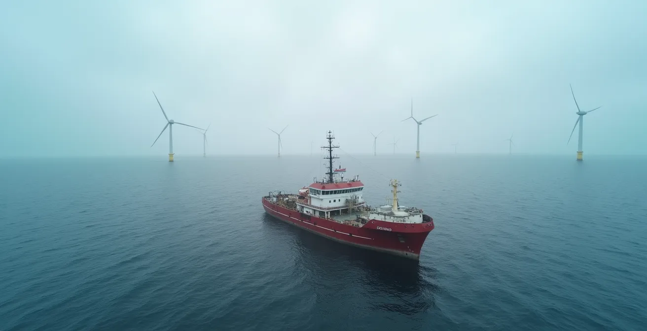 Ein Offshore-Windpark in der Ostsee, im Vordergrund ein Spezialschiff, das den Meeresboden für den Bau vorbereitet und nach Munition sucht.
