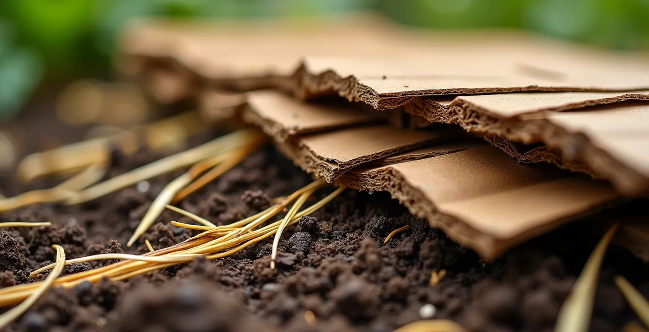 Detailaufnahme der Pappkarton-Mulch-Methode mit mehreren Schichten auf einem Gemüsebeet