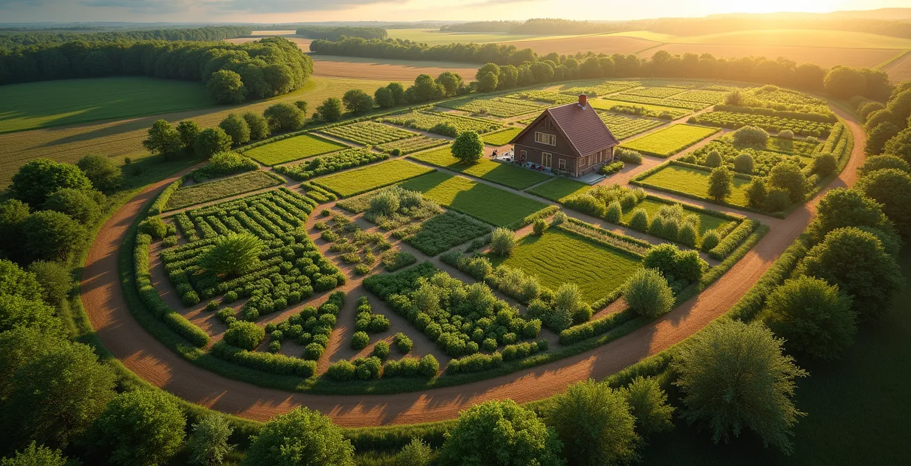 Visualisierung eines Permakultur-Zonenmodells auf einer deutschen 5-Hektar-Parzelle