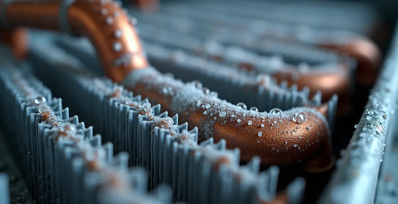 Nahaufnahme einer Propan-Wärmepumpe mit sichtbarem Kältemittelkreislauf