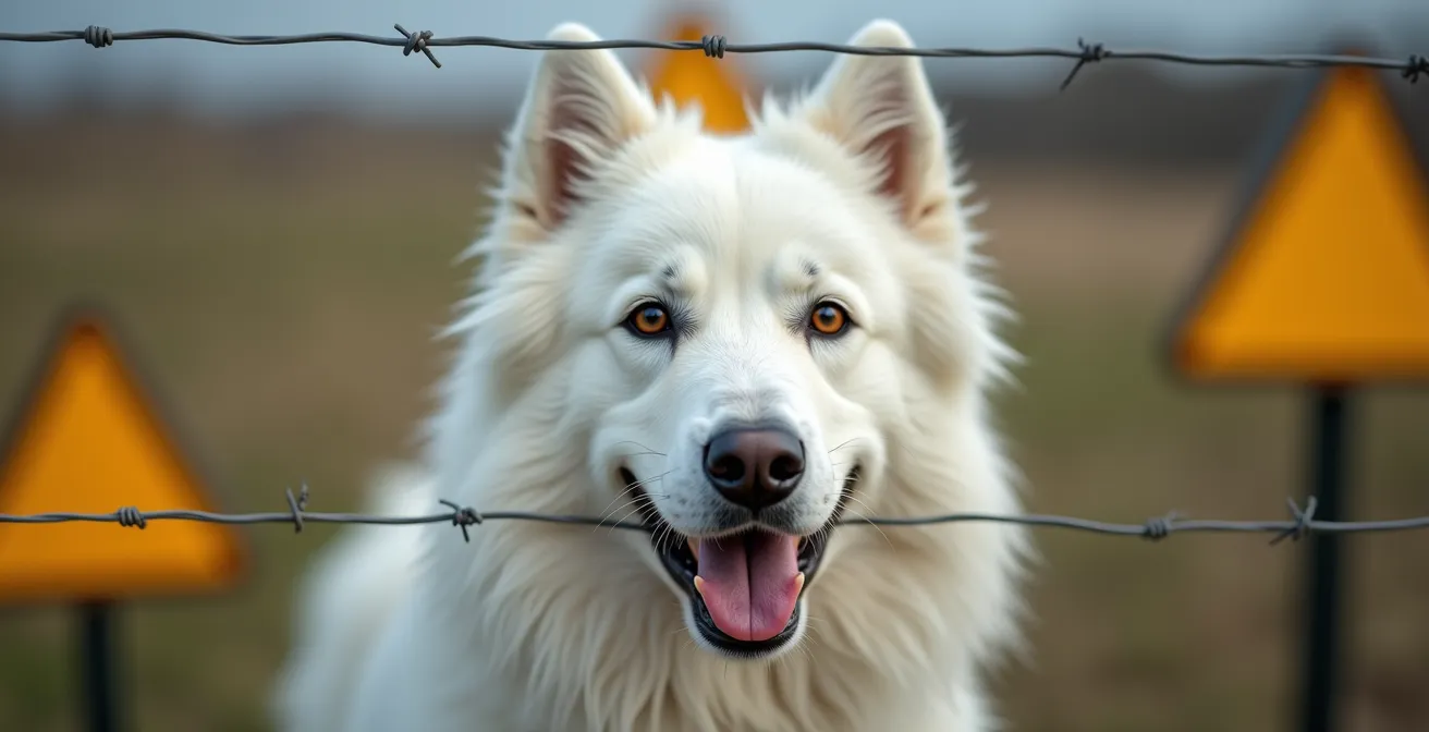 Großer weißer Pyrenäenberghund hinter Elektrozaun mit abstrakten Warnschildern