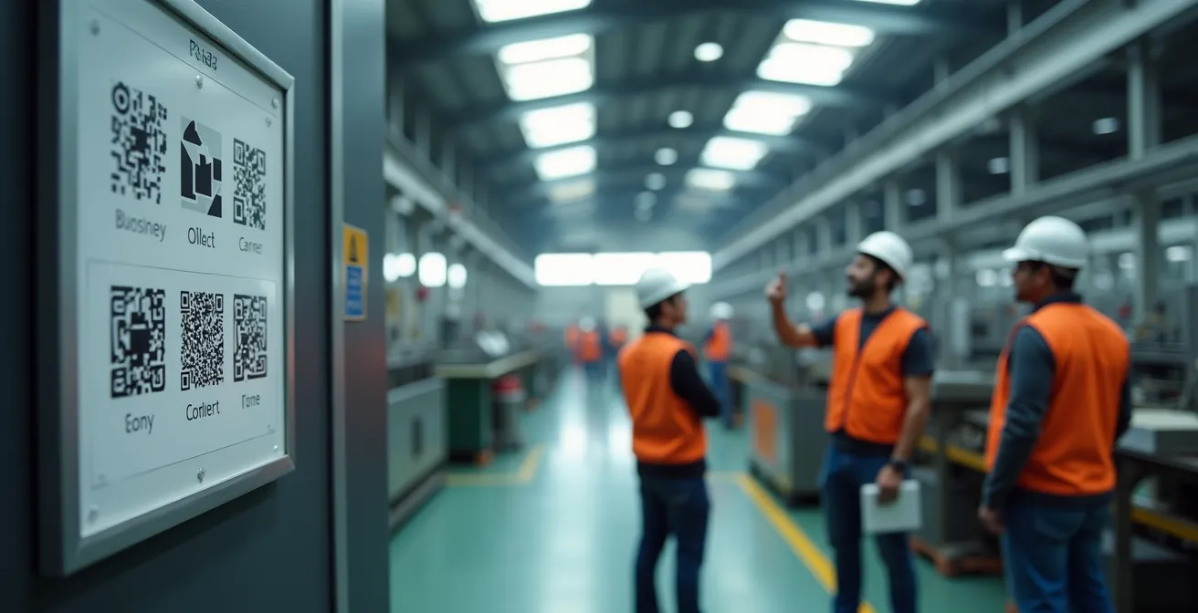 QR-Code-Aushang in einer Fabrikhalle mit Arbeitern, die darüber diskutieren, als Symbol für ein zugängliches Beschwerdesystem.