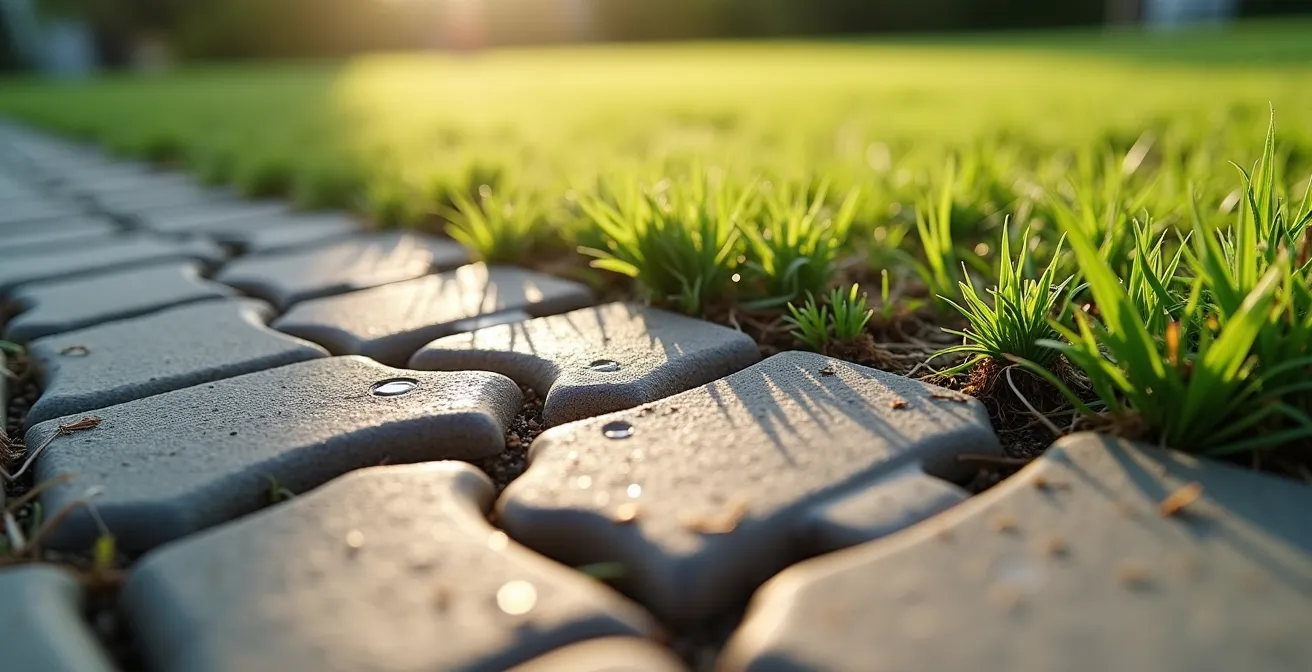 Nahaufnahme von robusten Rasengittersteinen mit technischen Details, die ihre Belastbarkeit für schwere Fahrzeuge zeigen.