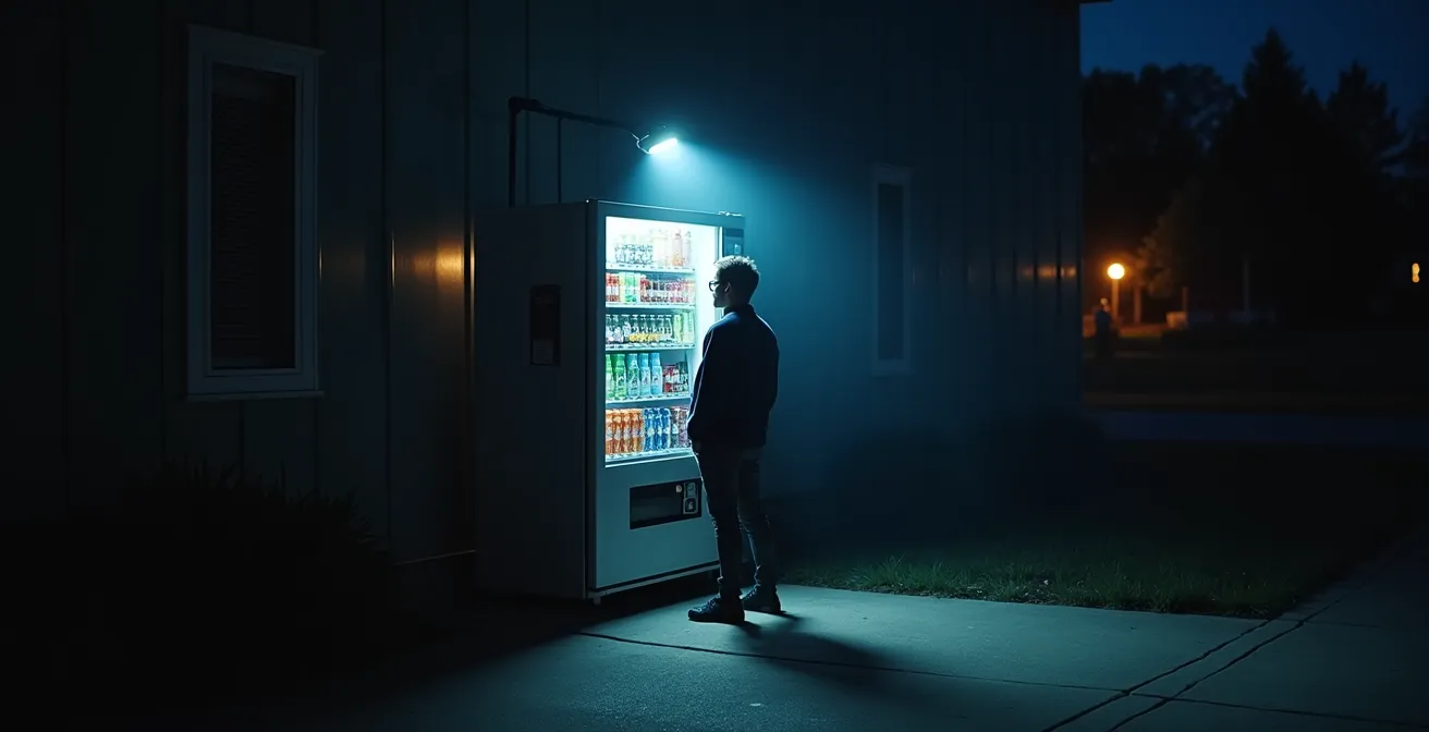 Beleuchteter Verkaufsautomat bei Nacht mit Sicherheitsfeatures