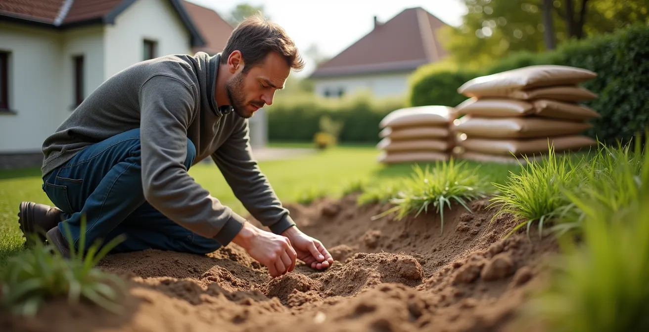 Querschnitt durch sandigen Boden zeigt die hohe Wasserdurchlässigkeit und geringe Filterwirkung im Vergleich zu Lehmboden