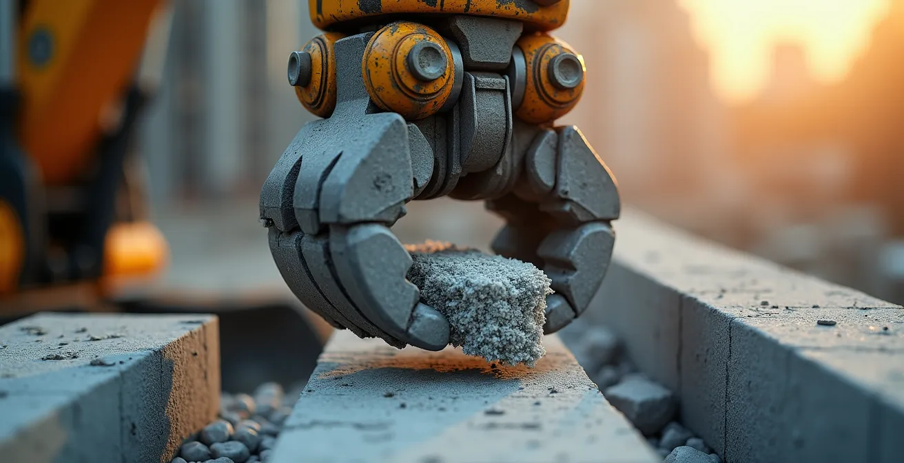 Detailaufnahme eines Abbruchroboters bei der präzisen Materialtrennung auf einer Baustelle