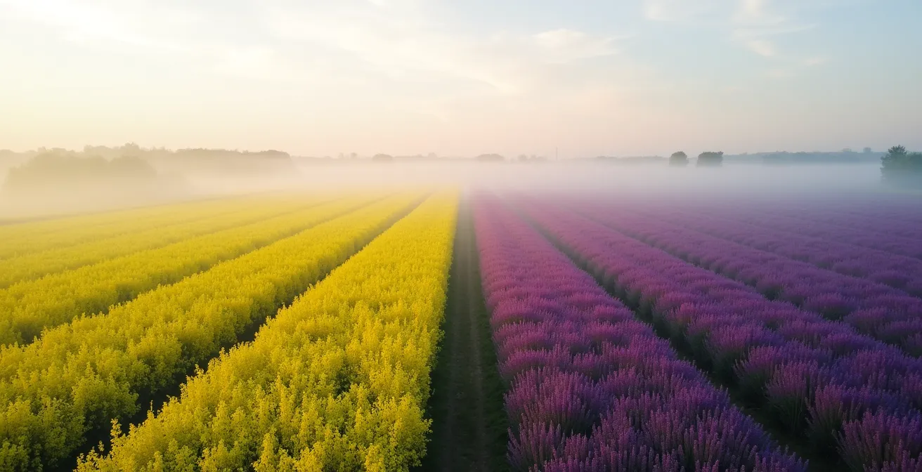 Geteiltes Feld mit blühendem Senf links und violetter Winterwicke rechts