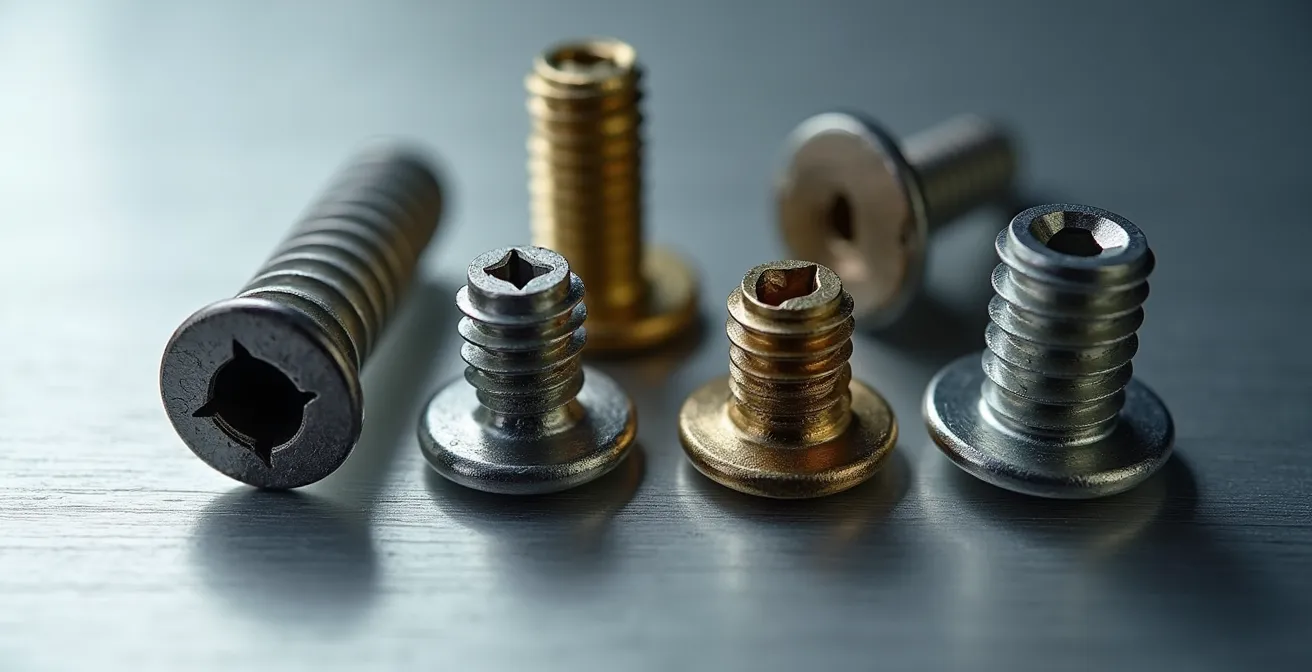 Nahaufnahme verschiedener Schraubenköpfe und Werkzeuge auf einer Werkbank