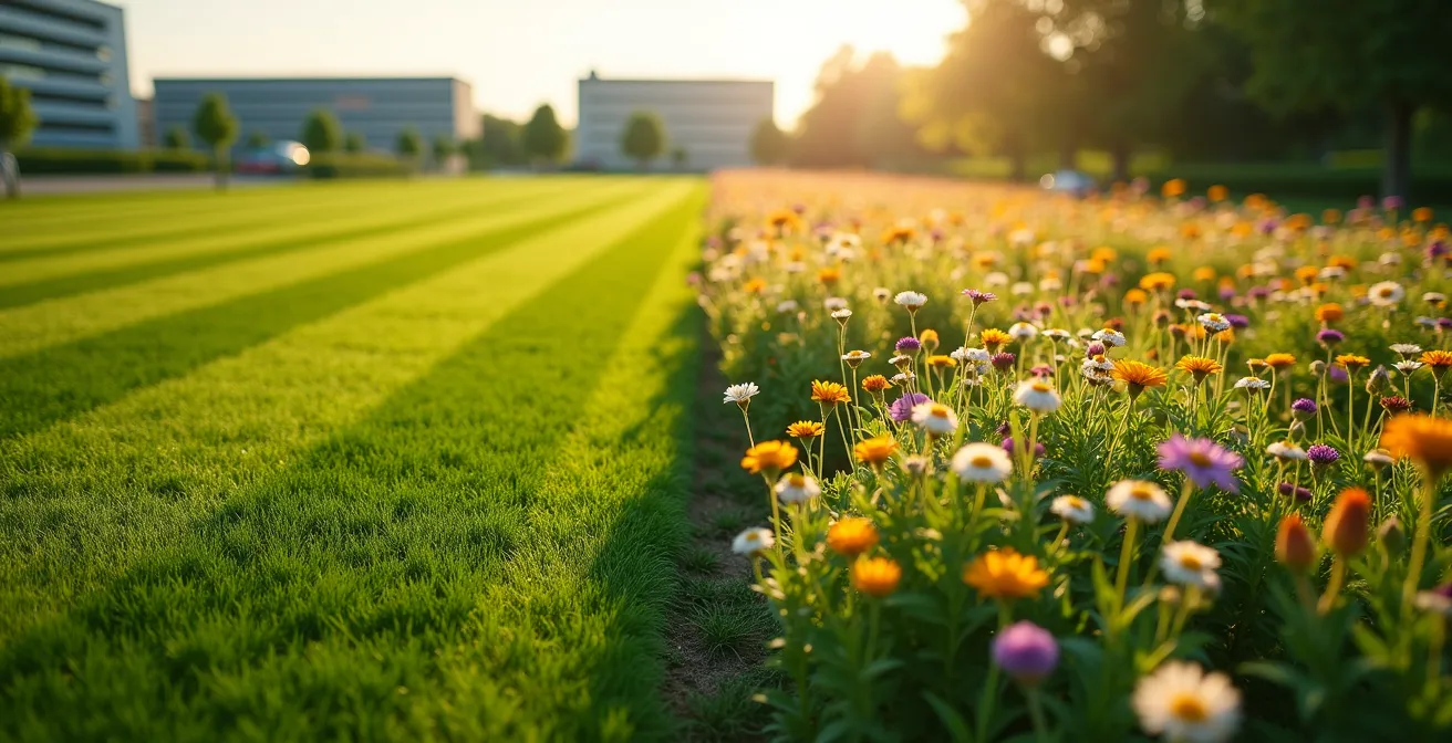 Geteilte Landschaftsaufnahme zeigt links einen gepflegten Rasen und rechts eine blühende Wildblumenwiese
