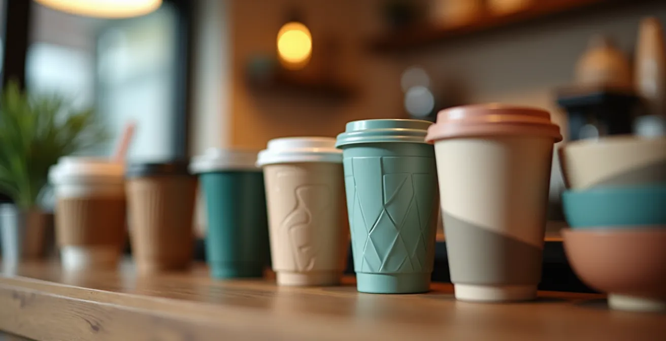 Detailaufnahme verschiedener Mehrwegbehälter auf einem Café-Tresen