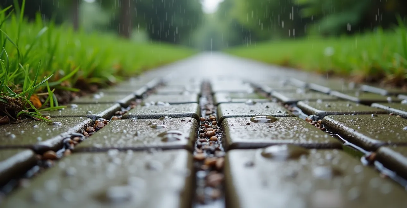 Einfahrt mit versickerungsfähigem Ökopflaster und Sickermulde