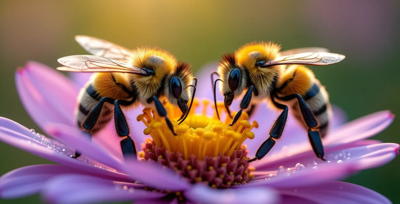 Schema der Virusübertragung zwischen einer Honigbiene und einer Hummel über eine gemeinsam besuchte Blüte.
