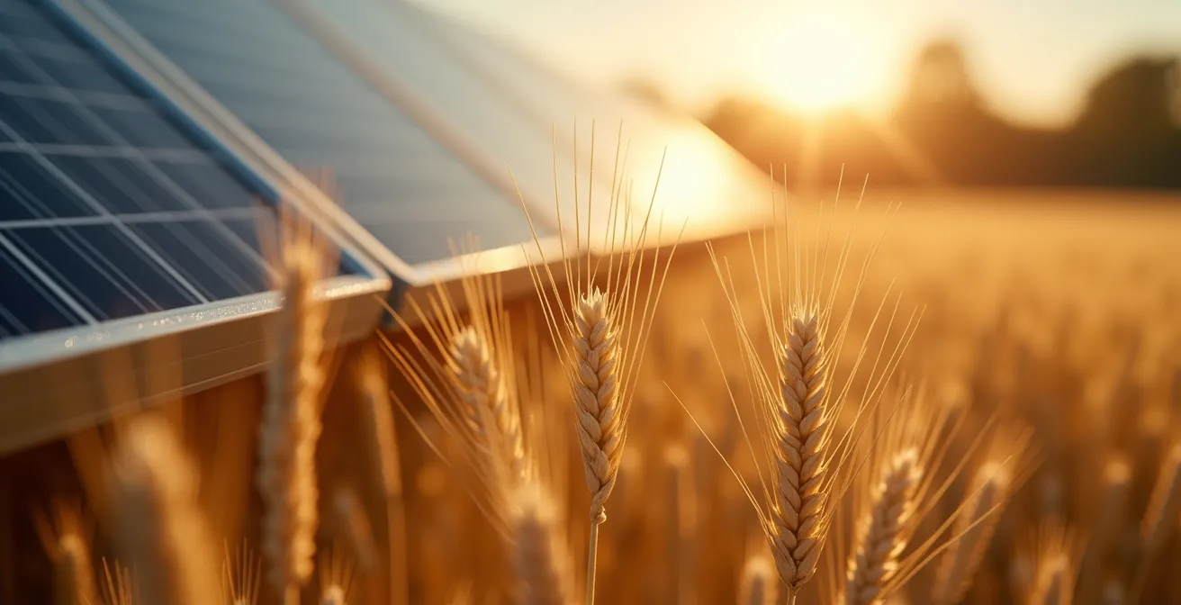 Weizenähren gedeihen unter teiltransparenten Solarmodulen bei Trockenheit